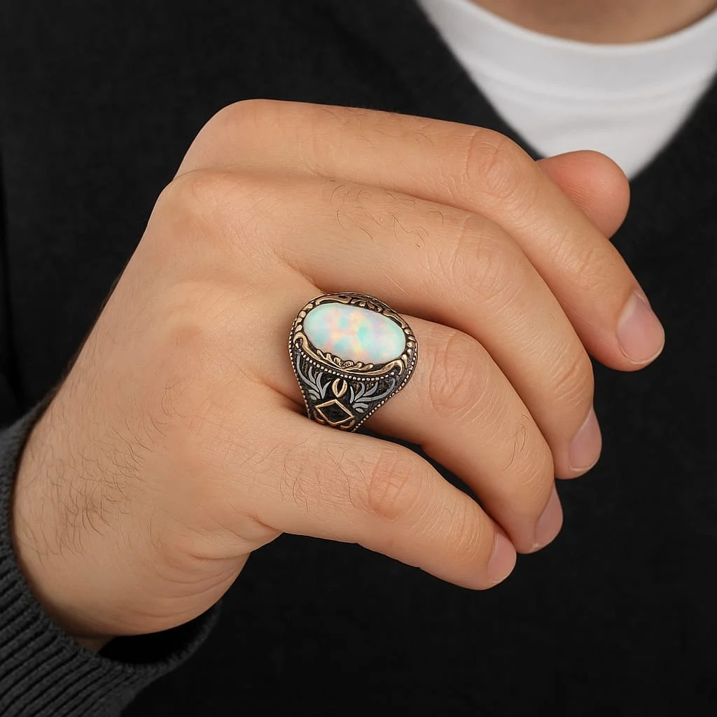Unique Designed Turkish Style Ring with 13ct Fire Australian Opal | 925 Sterling Silver Oxidized Ring | With Certificate of Authenticity and 925 Hallmark - Image 3