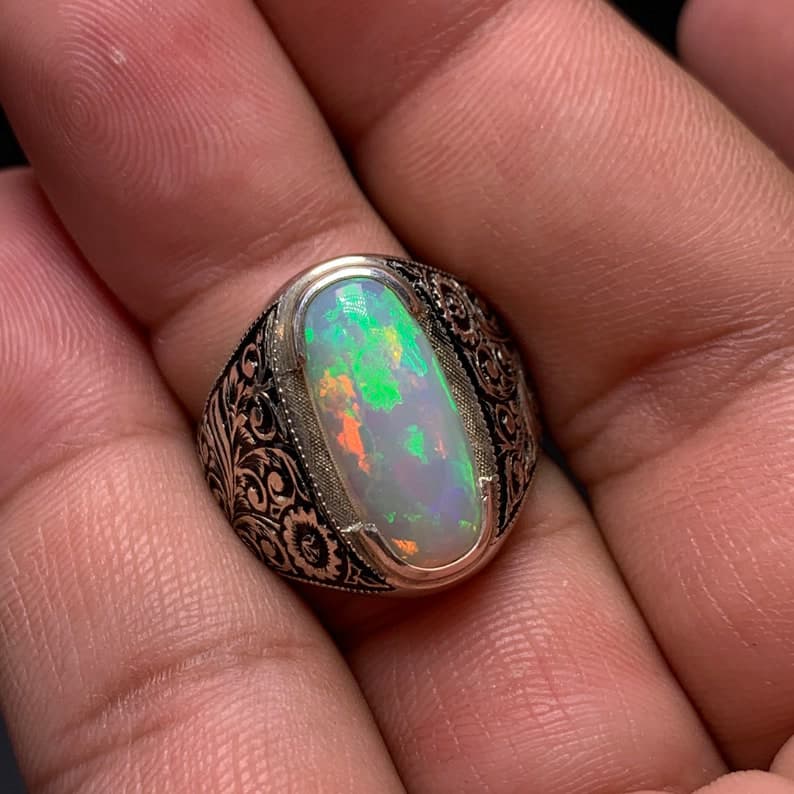 Unique Designed Turkish Style Ring with 15 carats Ethiopean Opal | 925 Sterling Silver Oxidized Ring | With Certificate of Authenticity and 925 Hallmark - Image 2