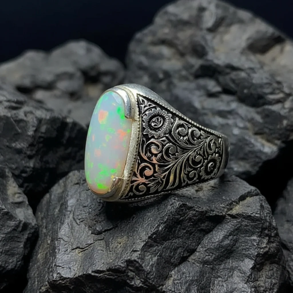 Unique Designed Turkish Style Ring with 15 carats Ethiopean Opal | 925 Sterling Silver Oxidized Ring | With Certificate of Authenticity and 925 Hallmark - Image 4