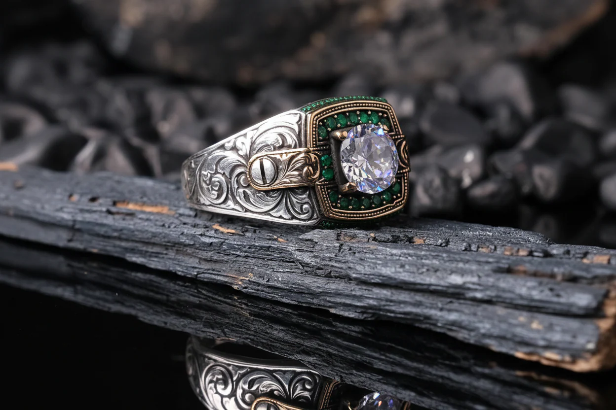 Unique Designed Turkish Style Ring with White Zirconia surrounded by Emeralds | 925 Sterling Silver Oxidized Ring | Men's Jewelry | With Certificate of Authenticity and 925 Hallmark