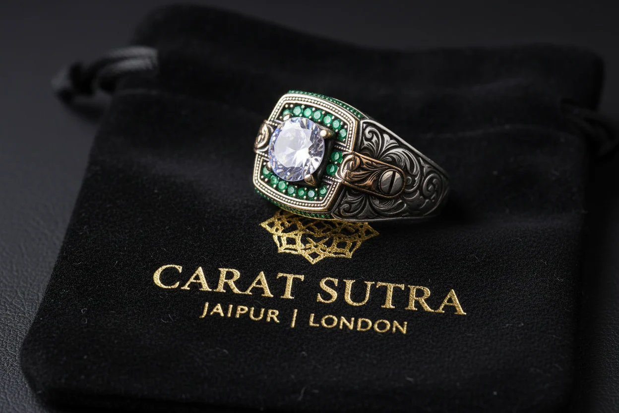 Unique Designed Turkish Style Ring with White Zirconia surrounded by Emeralds | 925 Sterling Silver Oxidized Ring | Men's Jewelry | With Certificate of Authenticity and 925 Hallmark - Image 2