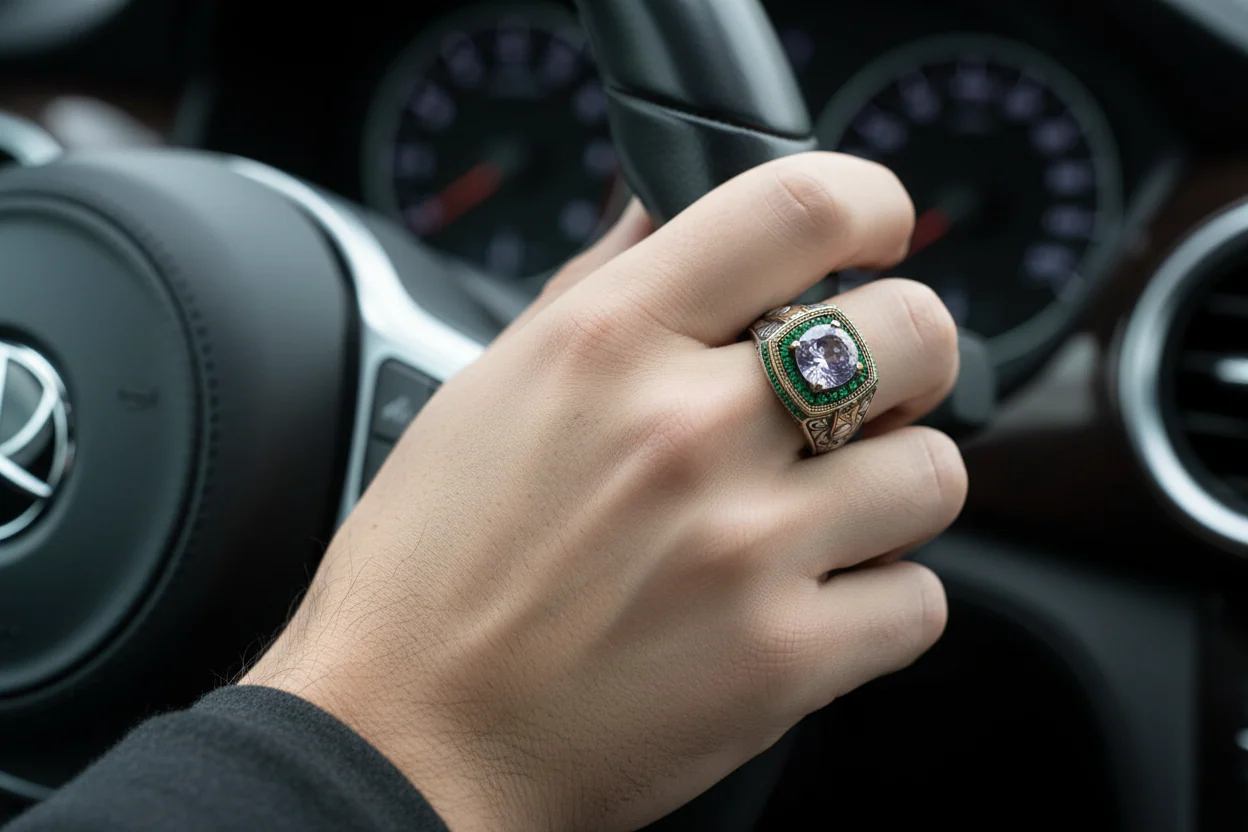 Unique Designed Turkish Style Ring with White Zirconia surrounded by Emeralds | 925 Sterling Silver Oxidized Ring | Men's Jewelry | With Certificate of Authenticity and 925 Hallmark - Image 3