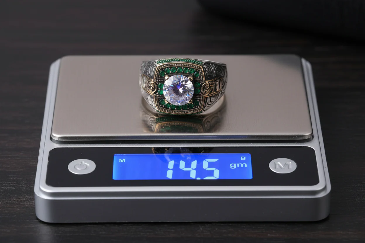 Unique Designed Turkish Style Ring with White Zirconia surrounded by Emeralds | 925 Sterling Silver Oxidized Ring | Men's Jewelry | With Certificate of Authenticity and 925 Hallmark - Image 4