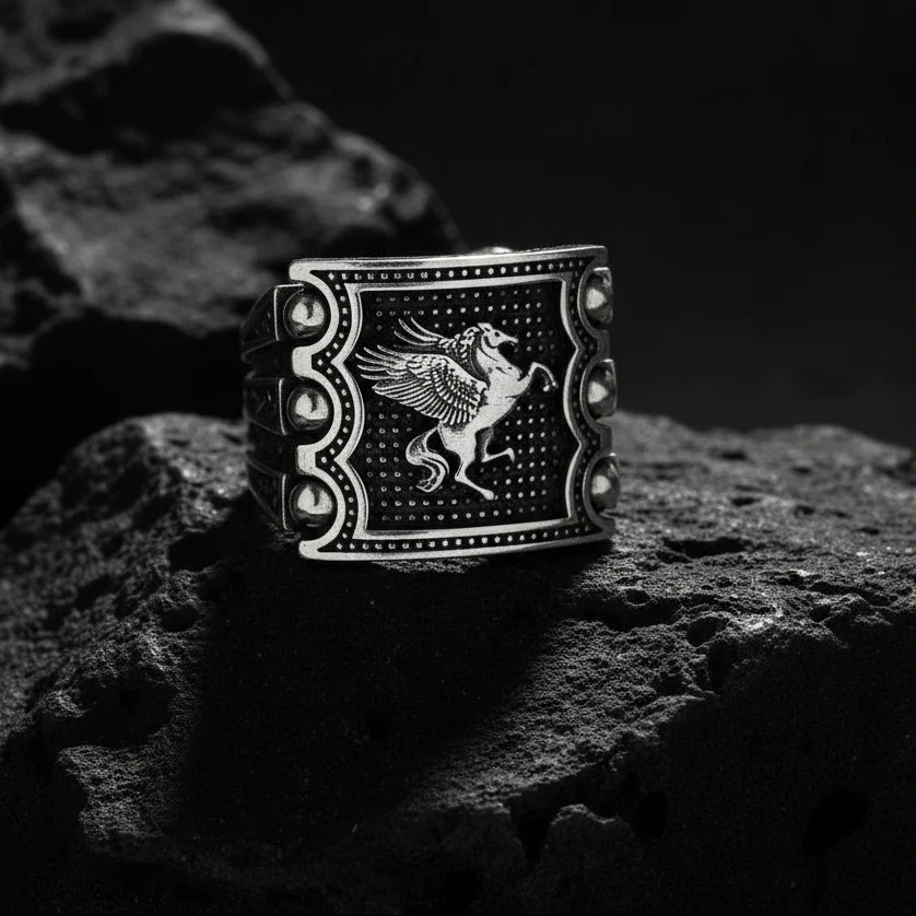 Premium Horse (Pegasus) Vintage Byzantine Style Signet Ring, Oxidized Sterling Silver 925 Ring | With Certificate of Authenticity and 925 Hallmark