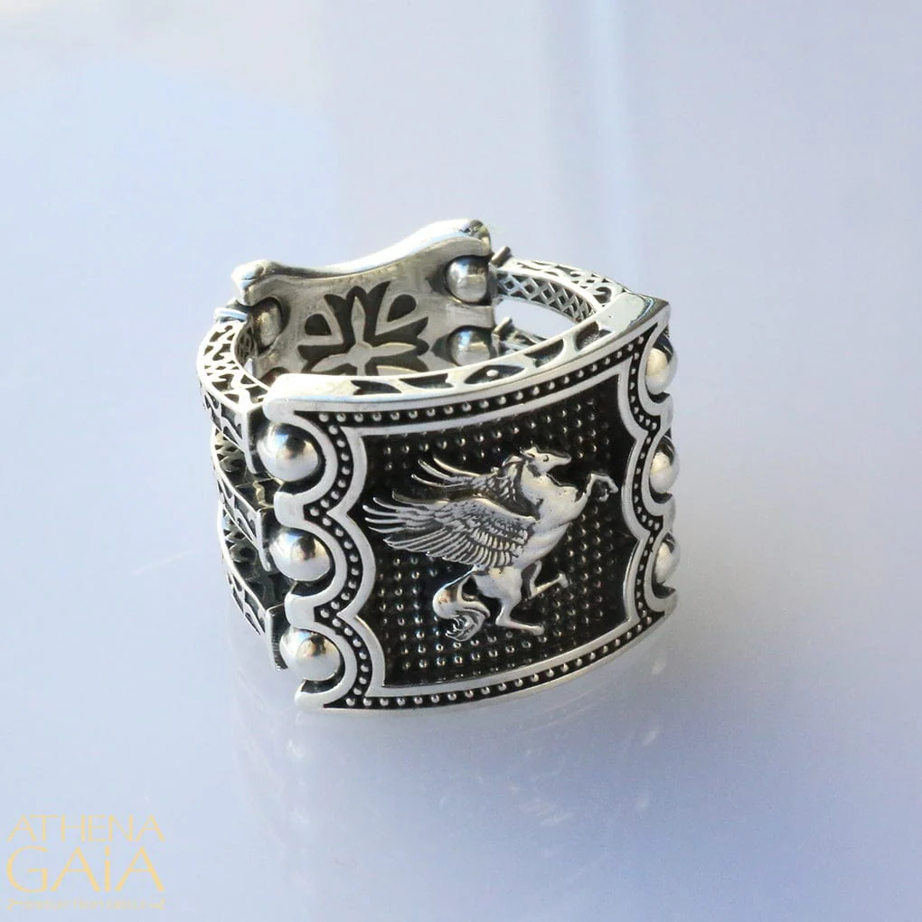 Premium Horse (Pegasus) Vintage Byzantine Style Signet Ring, Oxidized Sterling Silver 925 Ring | With Certificate of Authenticity and 925 Hallmark - Image 3