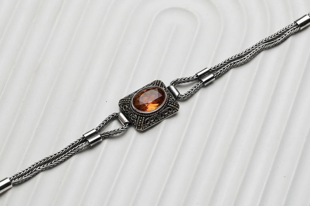 Unique Natural 9 Ct Hessonite (Gomed) stone hand beaded Bracelet for Men | Oxidized 925 Silver Bracelet | Men's Jewelry | With Certificate of Authenticity and 925 Hallmark - Image 2