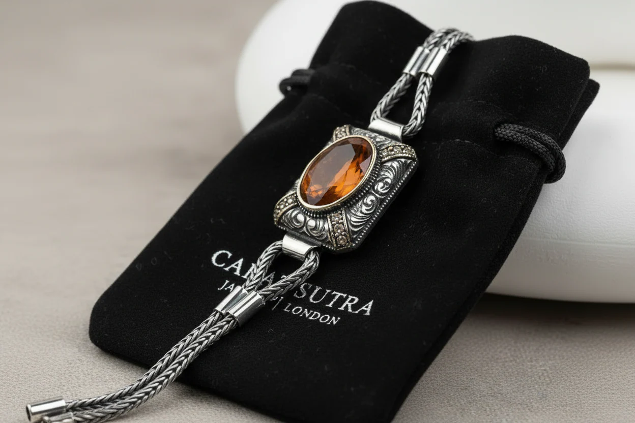 Unique Natural 9 Ct Hessonite (Gomed) stone hand beaded Bracelet for Men | Oxidized 925 Silver Bracelet | Men's Jewelry | With Certificate of Authenticity and 925 Hallmark - Image 3