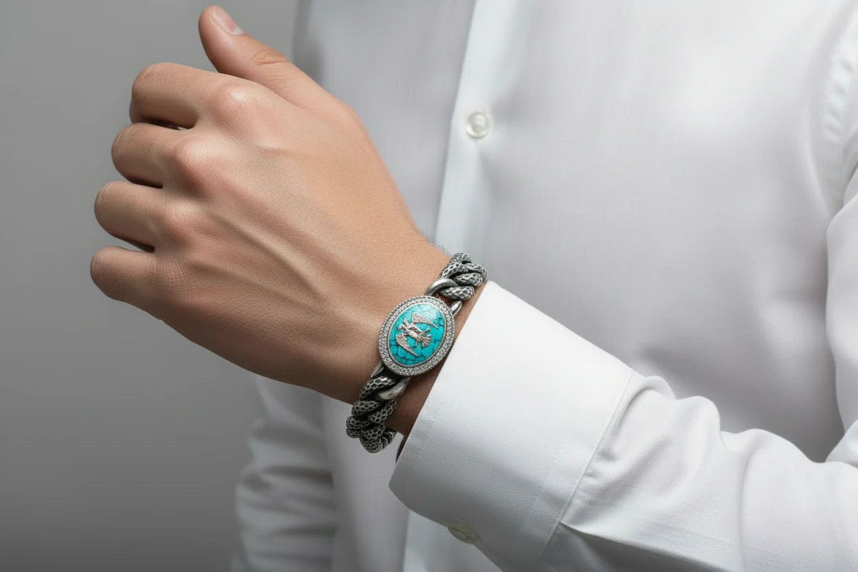 Unique Style Double Headed Eagle Bracelet with original 25ct Irani Turquoise | 925 Sterling Silver Oxidized Bracelet | With Certificate of Authenticity and 925 Hallmark - Image 2
