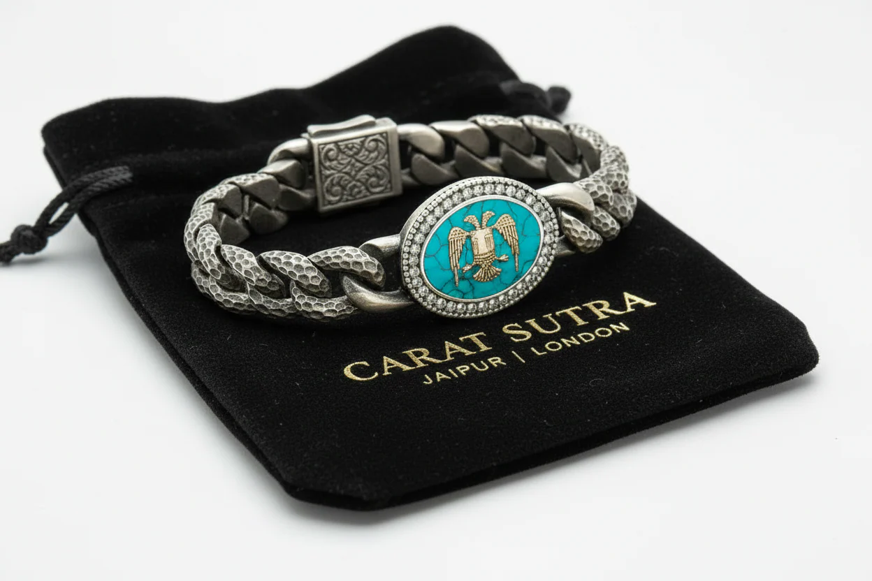Unique Style Double Headed Eagle Bracelet with original 25ct Irani Turquoise | 925 Sterling Silver Oxidized Bracelet | With Certificate of Authenticity and 925 Hallmark - Image 3