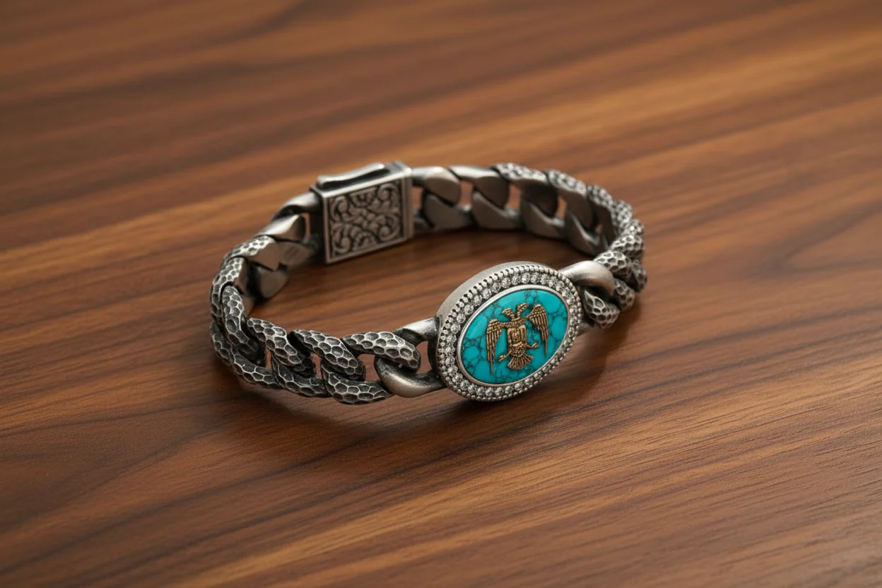Unique Style Double Headed Eagle Bracelet with original 25ct Irani Turquoise | 925 Sterling Silver Oxidized Bracelet | With Certificate of Authenticity and 925 Hallmark - Image 4