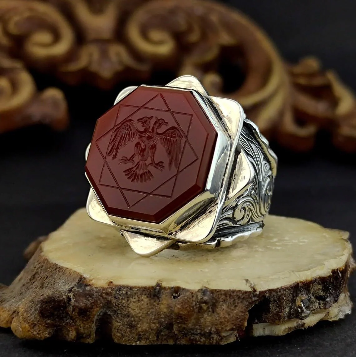 Hand_Engraved Turkish Style Ring with Natural Red Agate with Eagle | 925 Sterling Silver Oxidized Ring | Men's Jewelry | With Certificate of Authenticity and 925 Hallmark