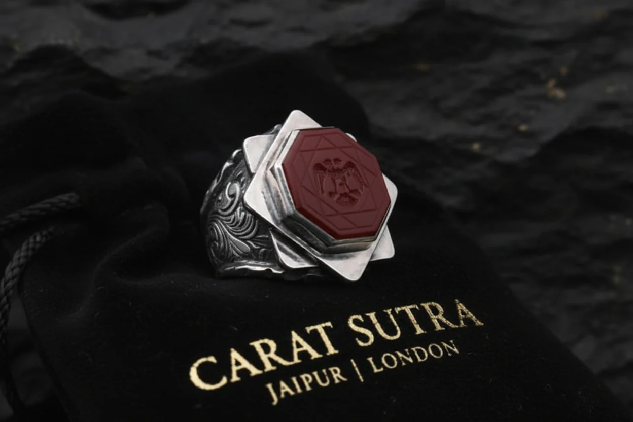 Hand_Engraved Turkish Style Ring with Natural Red Agate with Eagle | 925 Sterling Silver Oxidized Ring | Men's Jewelry | With Certificate of Authenticity and 925 Hallmark - Image 2