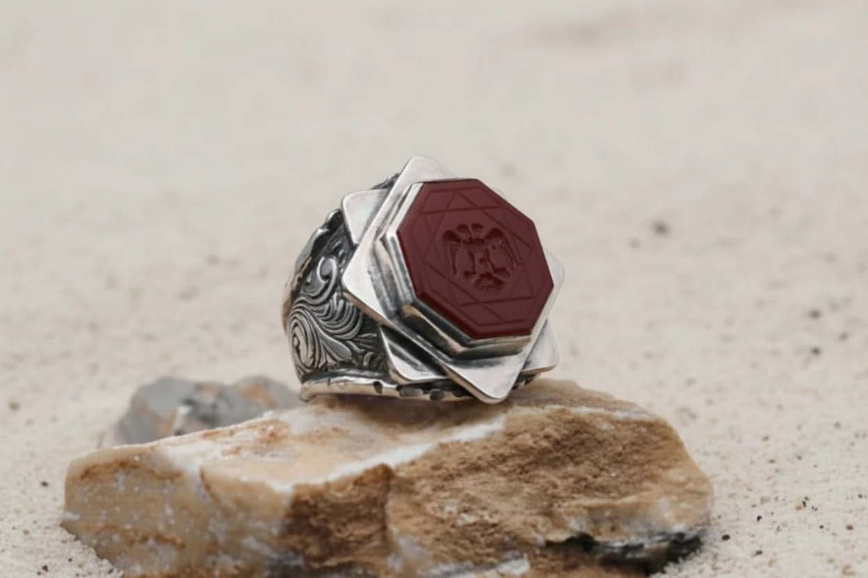 Hand_Engraved Turkish Style Ring with Natural Red Agate with Eagle | 925 Sterling Silver Oxidized Ring | Men's Jewelry | With Certificate of Authenticity and 925 Hallmark - Image 3