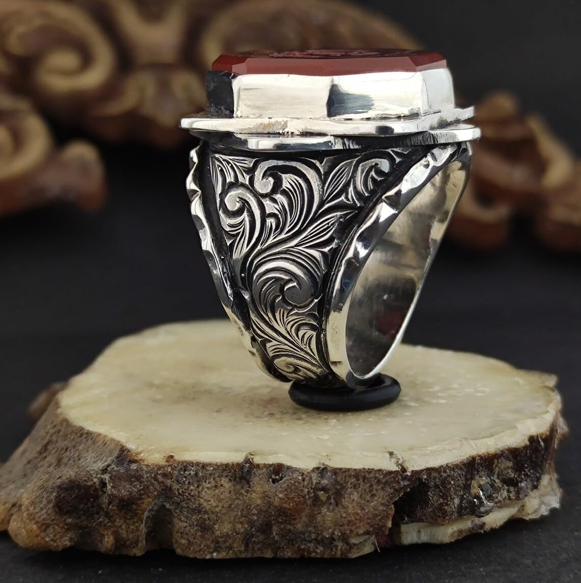 Hand_Engraved Turkish Style Ring with Natural Red Agate with Eagle | 925 Sterling Silver Oxidized Ring | Men's Jewelry | With Certificate of Authenticity and 925 Hallmark - Image 4