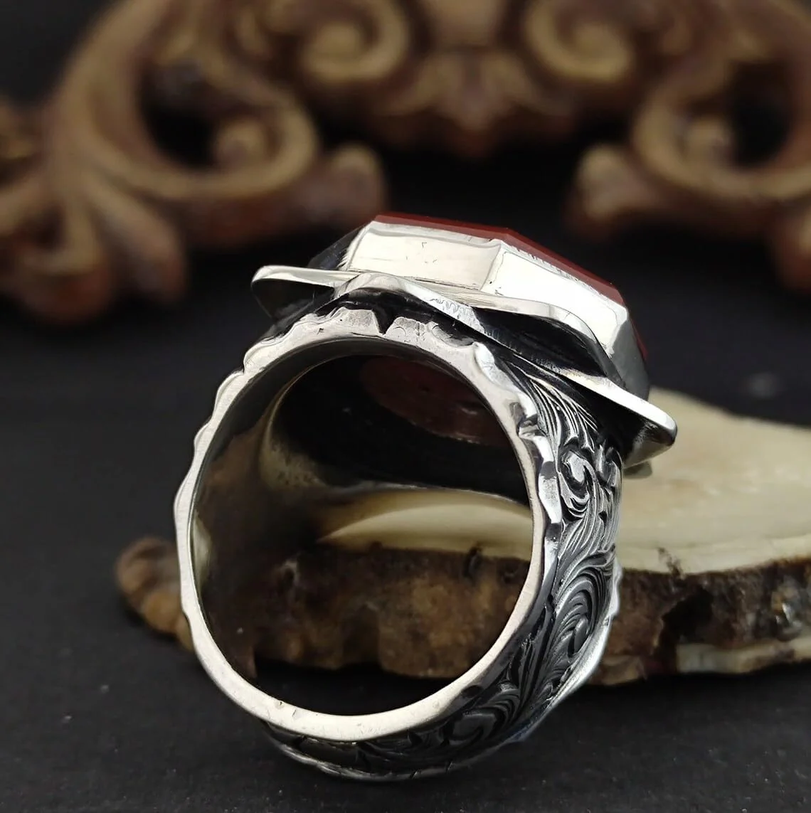 Hand_Engraved Turkish Style Ring with Natural Red Agate with Eagle | 925 Sterling Silver Oxidized Ring | Men's Jewelry | With Certificate of Authenticity and 925 Hallmark - Image 5