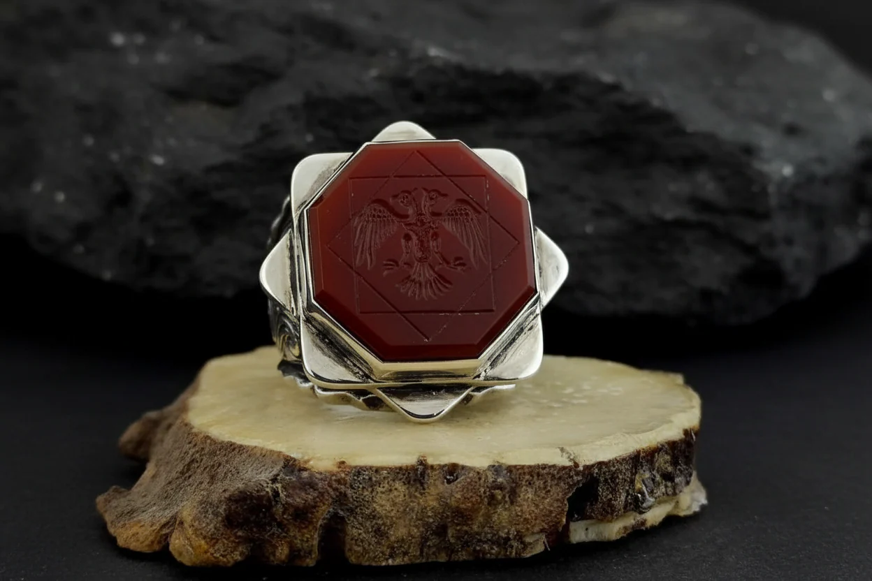 Hand_Engraved Turkish Style Ring with Natural Red Agate with Eagle | 925 Sterling Silver Oxidized Ring | Men's Jewelry | With Certificate of Authenticity and 925 Hallmark - Image 6