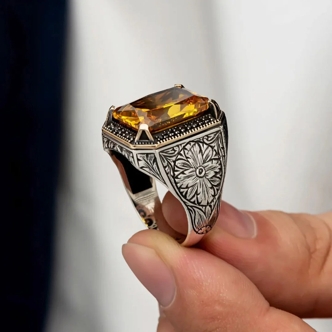 Rectangular Designed Turkish Style Ring with 13 ct Natural Yellow Citrine ,925 Sterling Silver Oxidized Ring | With Certificate of Authenticity and 925 Hallmark - Image 3