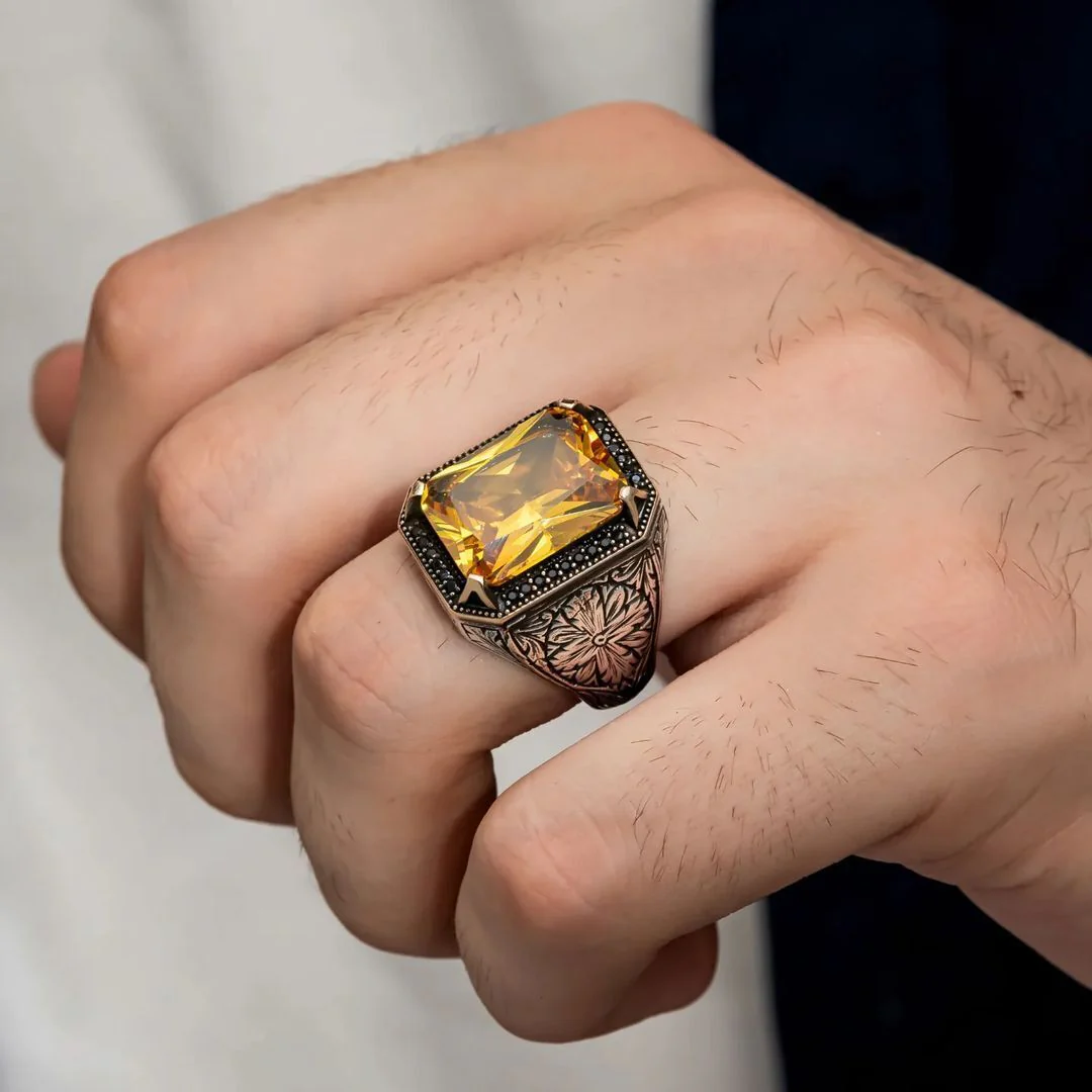 Rectangular Designed Turkish Style Ring with 13 ct Natural Yellow Citrine ,925 Sterling Silver Oxidized Ring | With Certificate of Authenticity and 925 Hallmark - Image 4