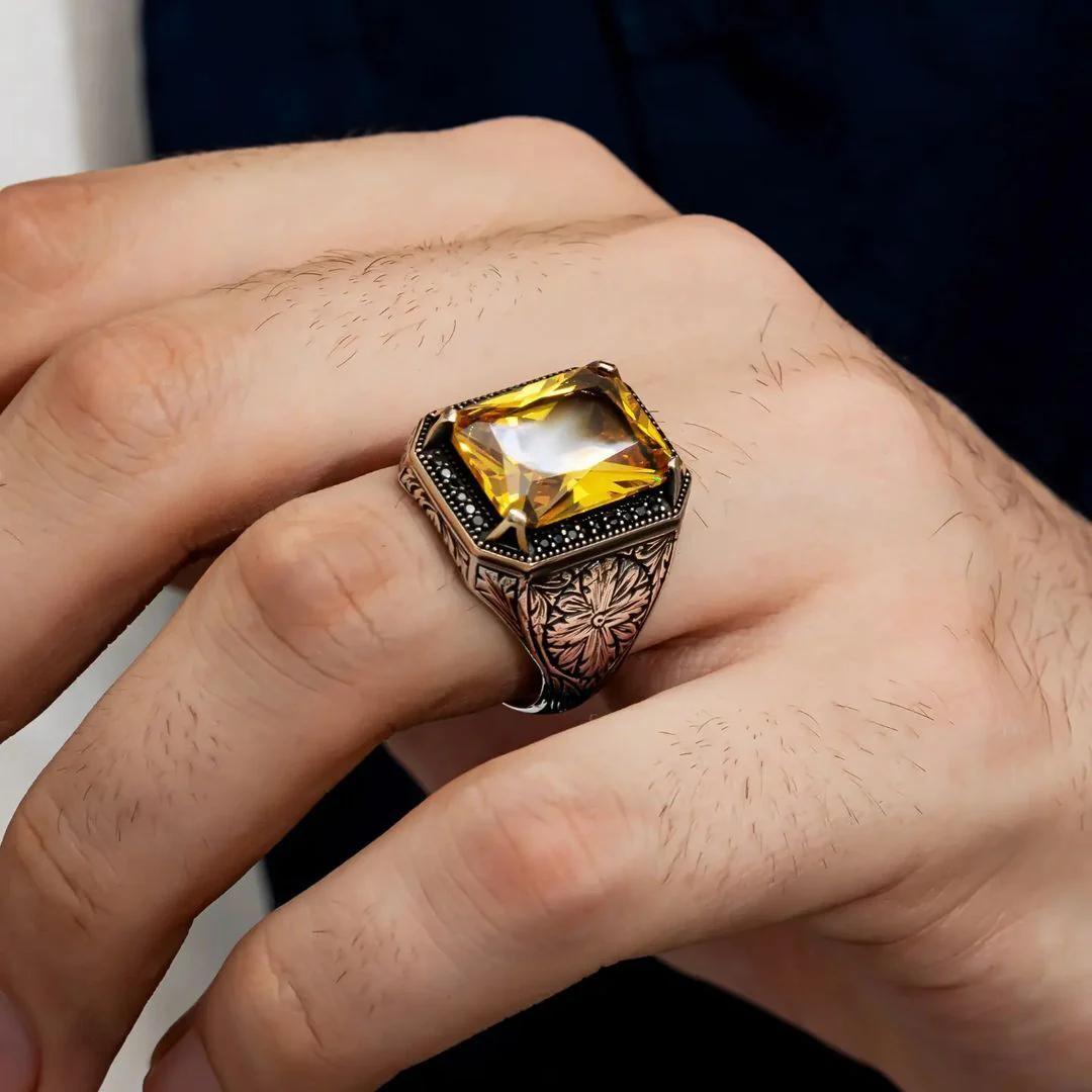 Rectangular Designed Turkish Style Ring with 13 ct Natural Yellow Citrine ,925 Sterling Silver Oxidized Ring | With Certificate of Authenticity and 925 Hallmark - Image 5